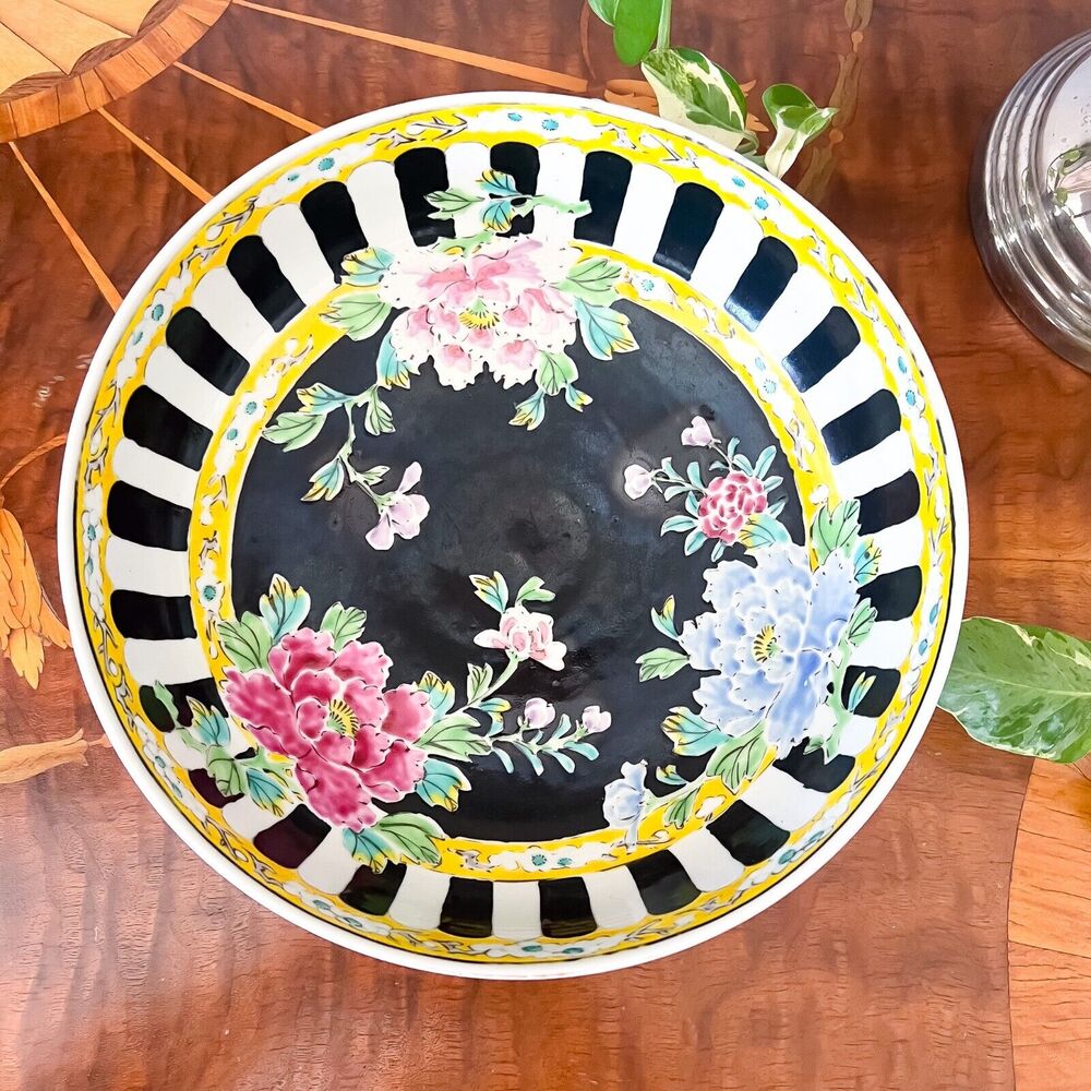 Vintage 10in Japanese Famille Noir Bowl Yamatoku Peony Black White Chinoiserie